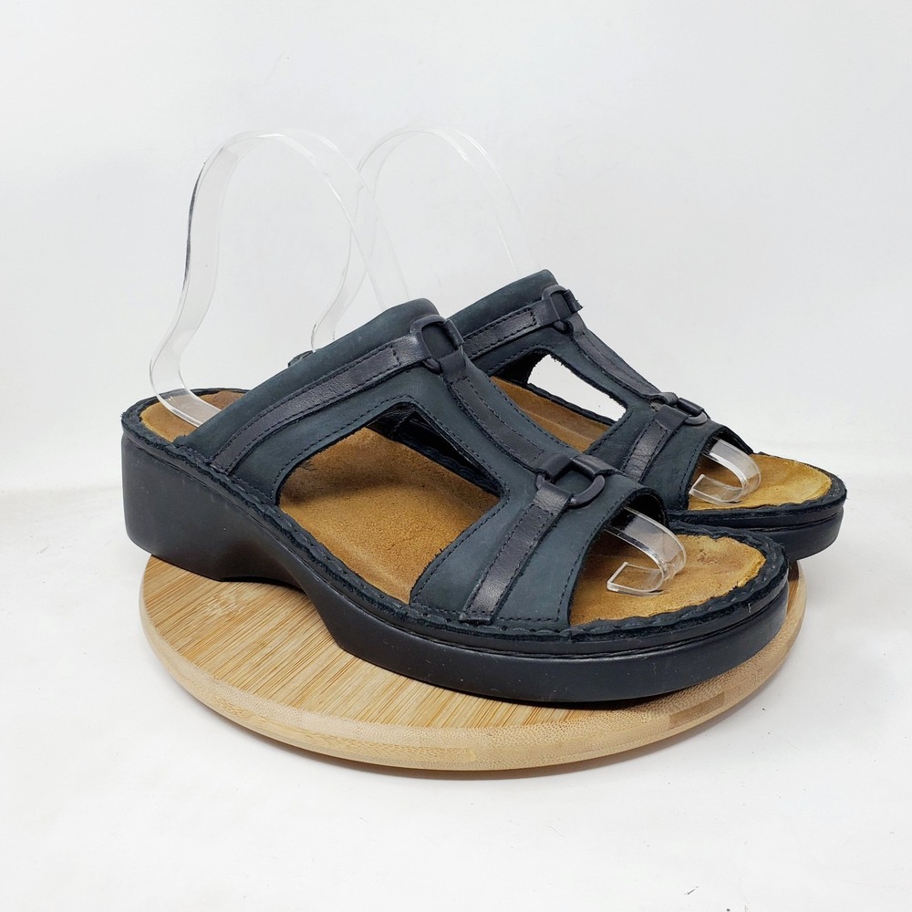 Naot Sandals Womens 39 Black Leather T Strap Chunky Slip On Slide Shoes
